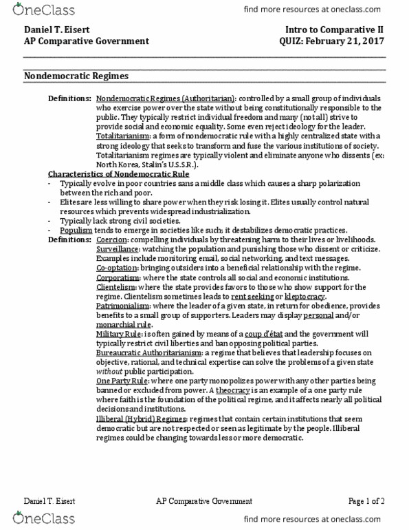 PSCI 1024 Chapter Notes - Chapter Nondemocratic Regimes: Nomenklatura, Kleptocracy, Clientelism thumbnail